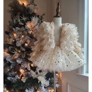 Toddler Girl Fancy Schmancy Baby Gold Star Ruffle Jacket Tulle Beige Top Coat 2T
